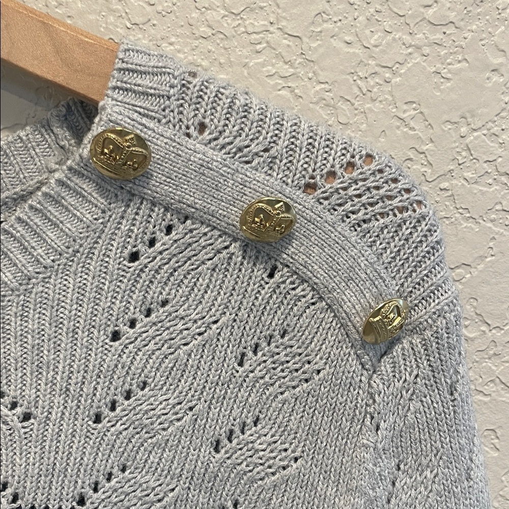 Talbots Nautical Stripe Sweater XL Navy Gray Cotton Knit Coastal Button Shoulder - Picture 4 of 7